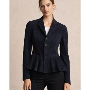 Ralph Lauren Black Label Navy Goat Suede Peplum Jacket Blazer VTG 90s Size 8